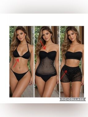 3 PC SEPARATES RHINESTONE MESH  SHORTS / MESH TUBE  / PINK SWIM TOP